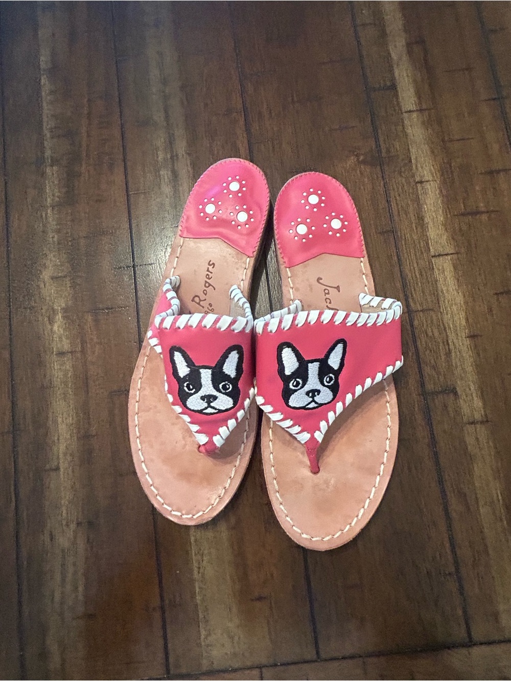 Jack Rogers Boston Terrier Sandals Women’s Size 9B Pink Leather Embroidered Dog